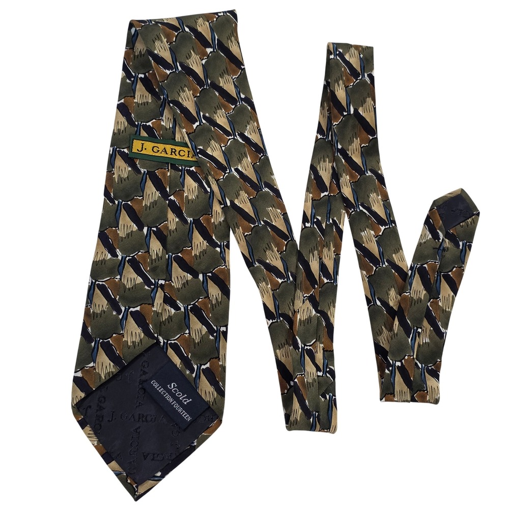 J‎ Garcia Mens Scold Collection Fourteen Silk Necktie Abstract Green Brown 1996